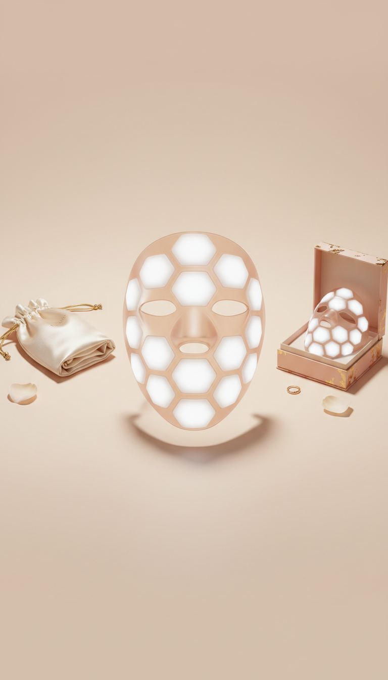LED facial mask with gold trim