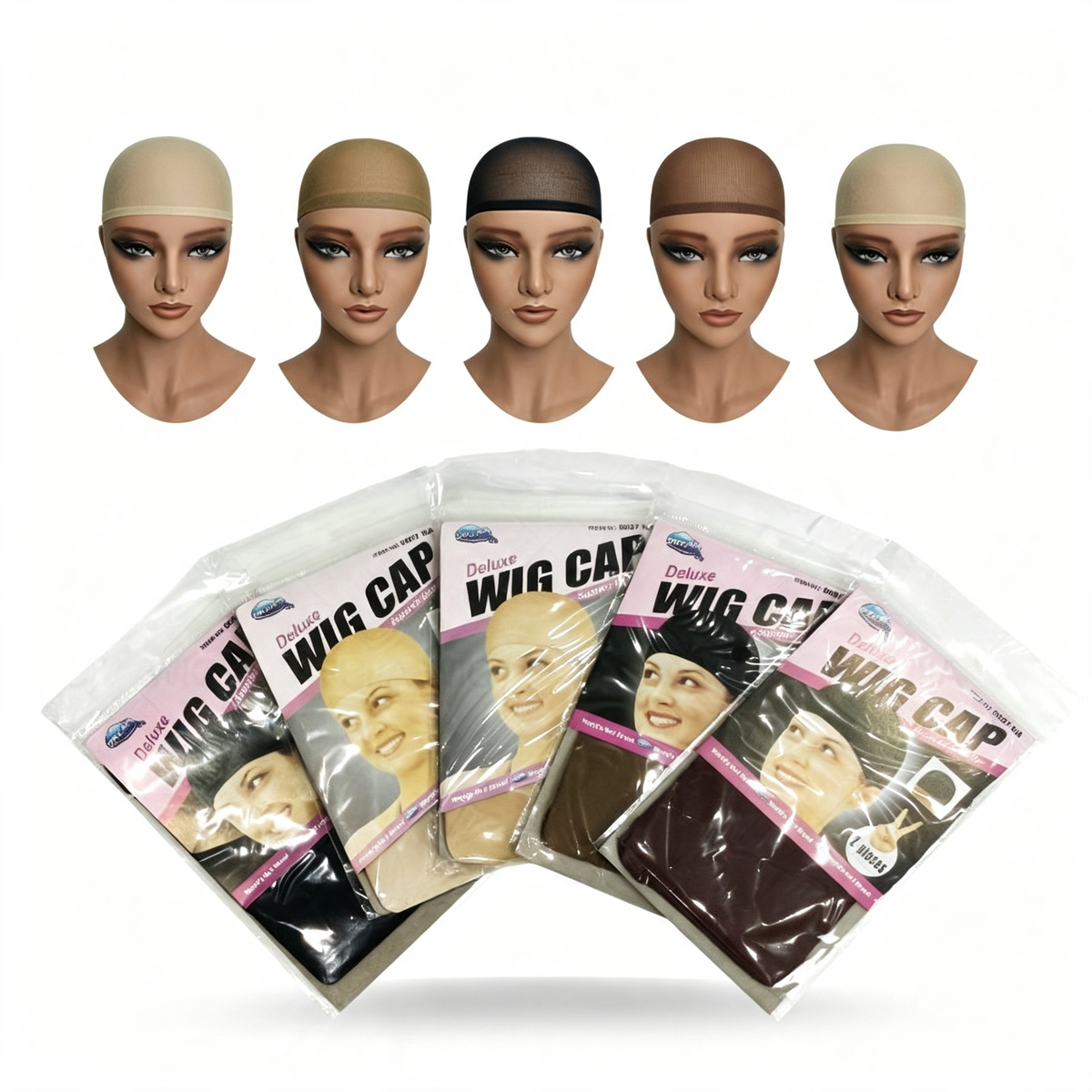 Stretch wig caps shown in multiple shades with packaged wig cap sets