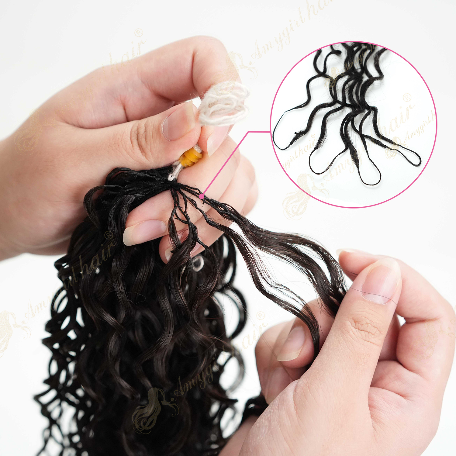 Close-up of pre-made feathering tip crochet hair strands showing loop installation method with crochet needle