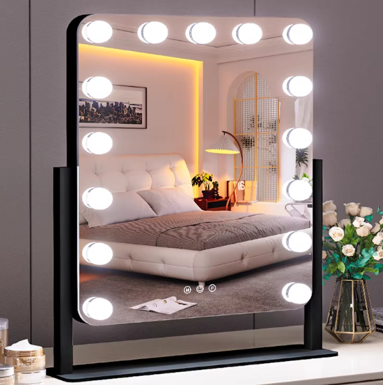 Black LED vanity mirror with lights on tabletop