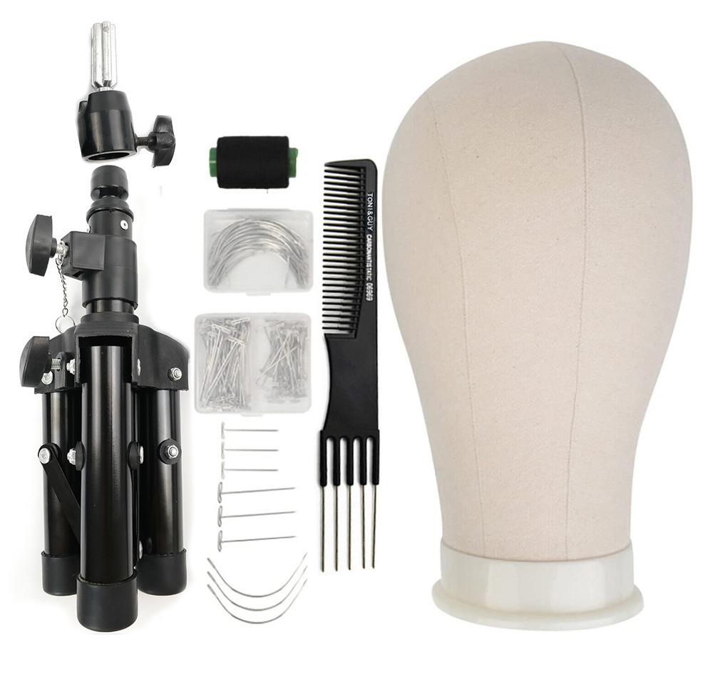Canvas wig head mannequin block set with tripod stand and DIY tools