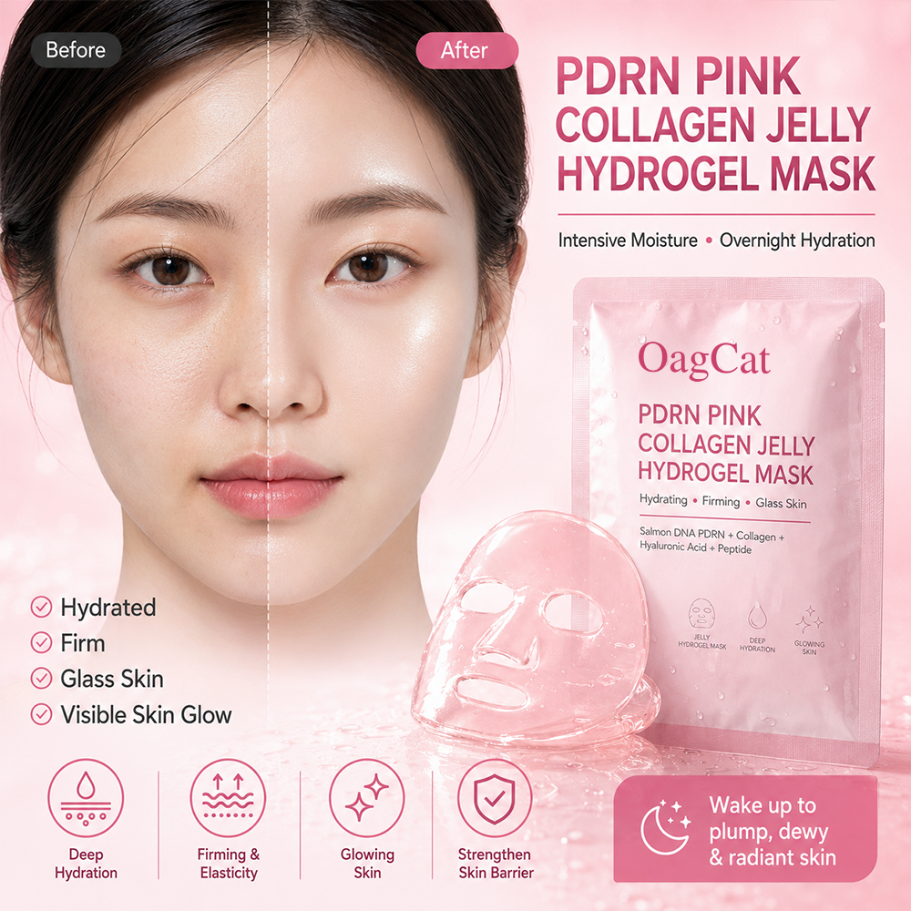 Before and after PDRN Pink Collagen Jelly Hydrogel Mask showing hydrated, firm and glowing skin results