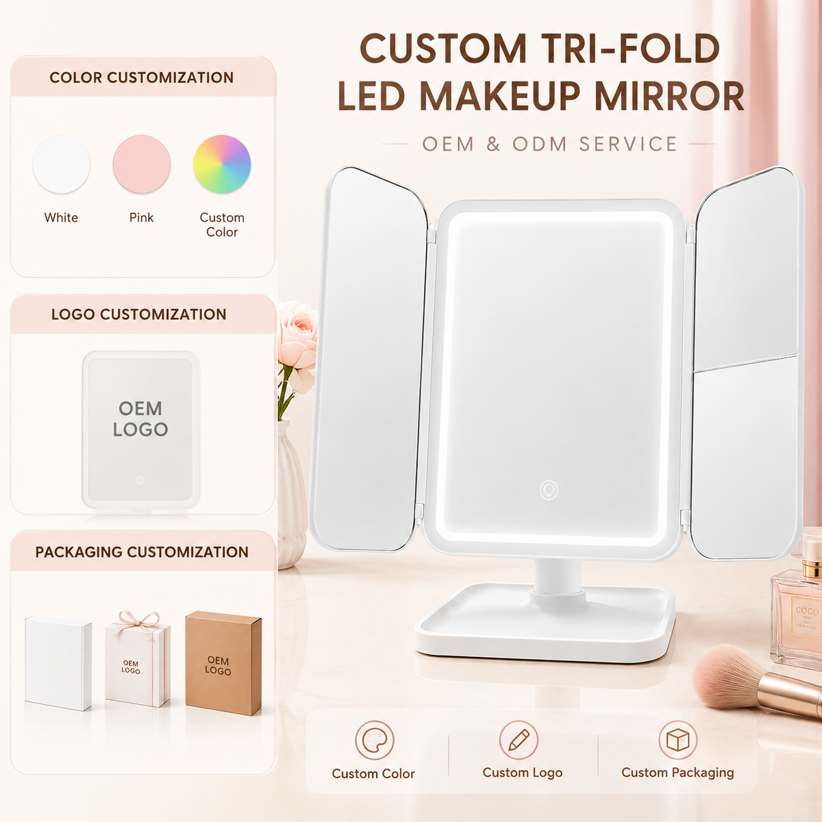 White trifold LED makeup mirror shown with custom color, logo, and packaging options