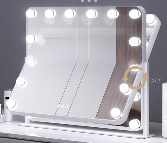 White LED vanity mirror showing 360 degree rotation feature