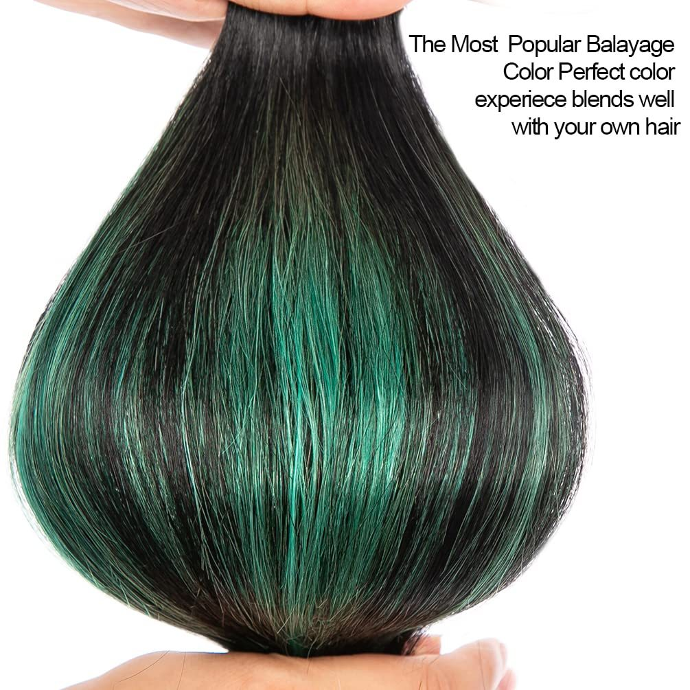 Balayage tape-in hair extension weft showing black to green ombre color blend - most popular balayage color option