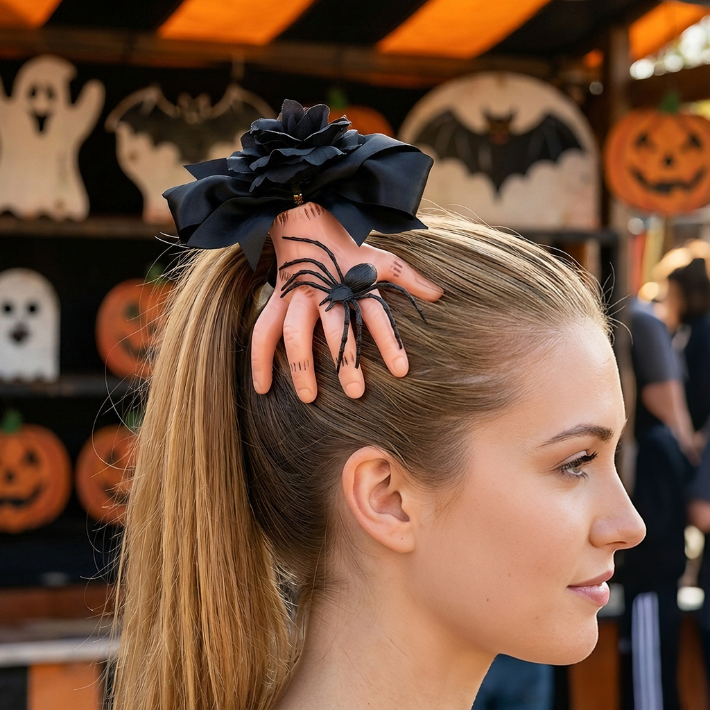 Halloween hair claw clip with severed hand and spider - brunette ponytail