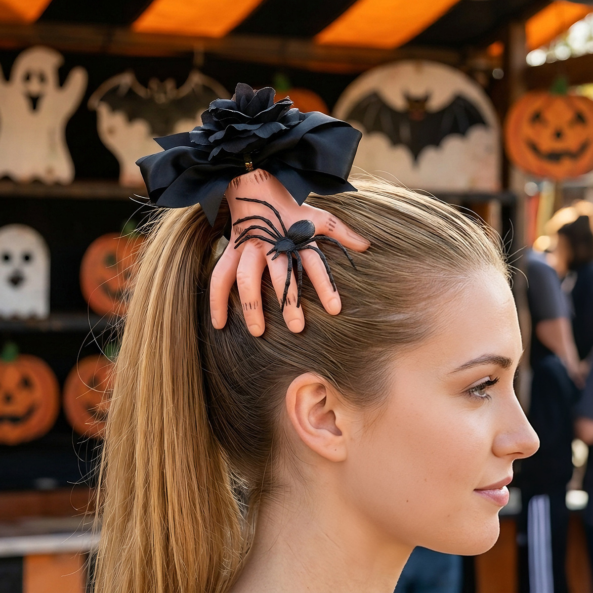 Halloween hair claw clip with severed hand and spider - brunette ponytail
