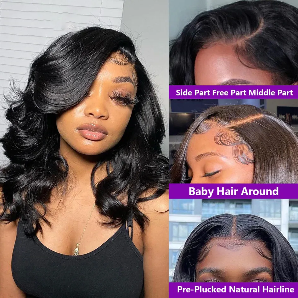 Indian Virgin Raw Bob Wig Body Wave 13x4 HD Lace Front Preplucked Baby Hair Natural Black