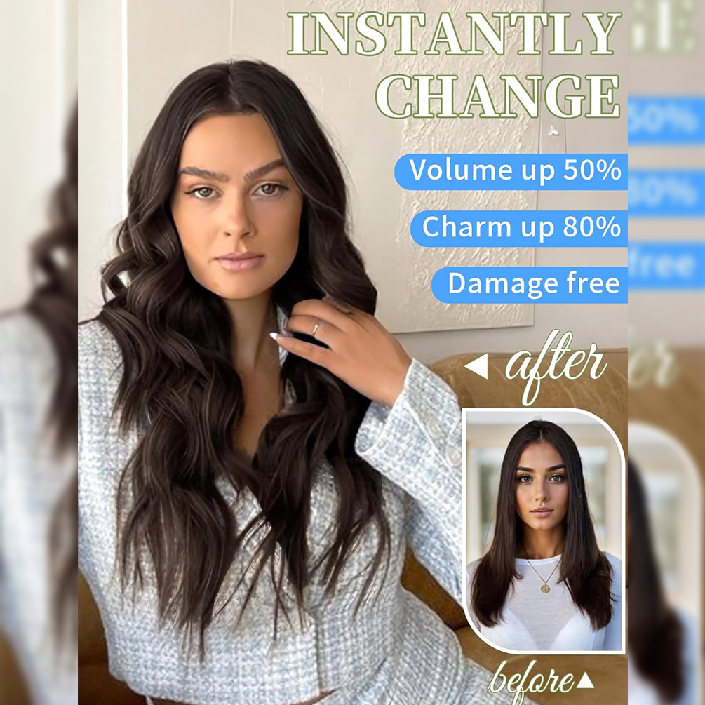Before and after model showing tape-in hair extensions transformation with volume up 50% charm up 80% damage free results