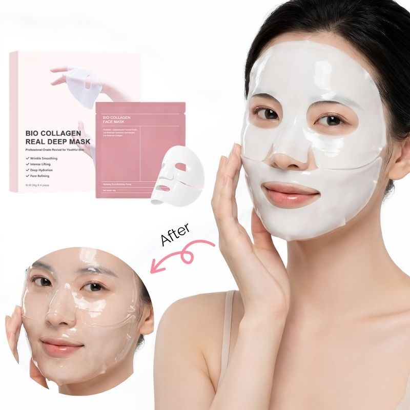 Bio Collagen Real Deep Mask product packaging with model applying white sheet mask before and after