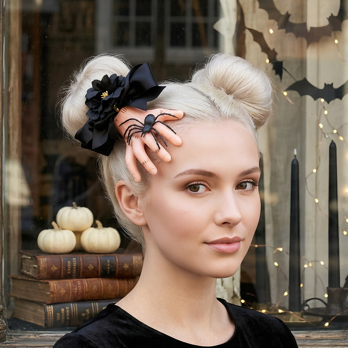 Halloween hair claw clip with severed hand, black bow and spider - blonde updo