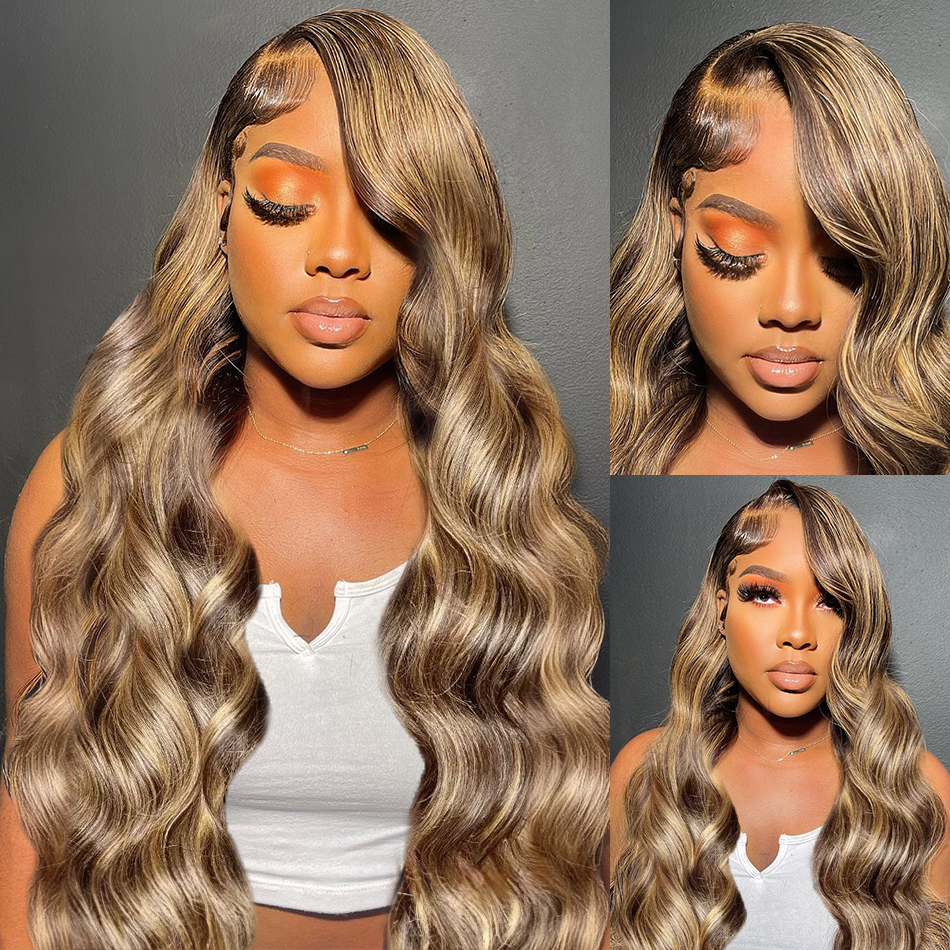 P4/27 Highlight Body Wave Wig on Model Multiple Angles Honey Blonde
