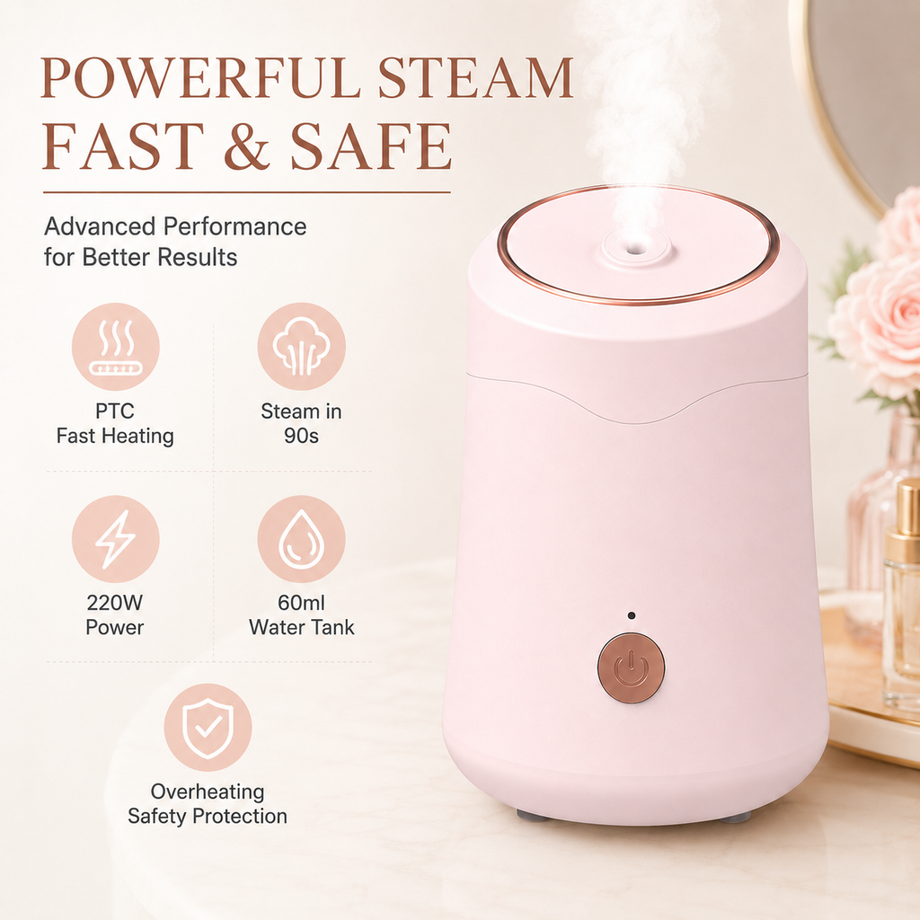 Pink portable facial steamer with PTC fast heating, 60 ml water tank, and overheating protection