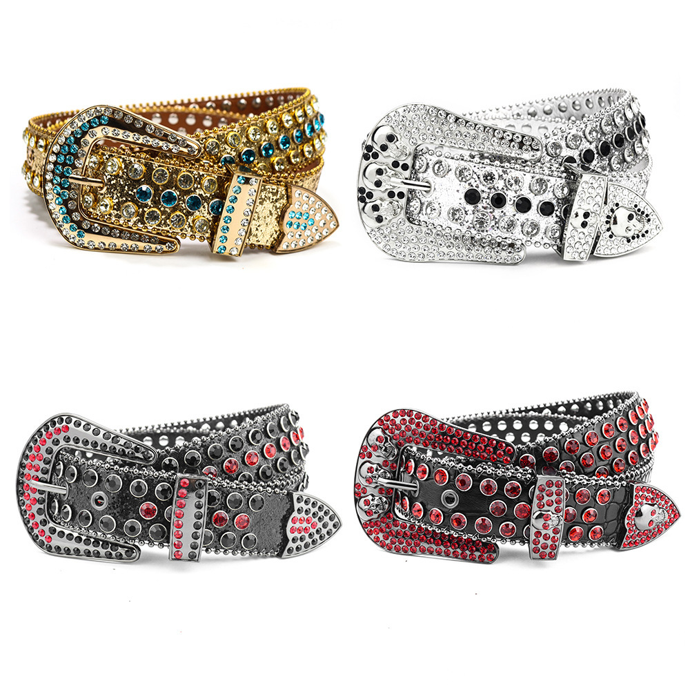 Rhinestone western belts shown in gold, silver, black, and red