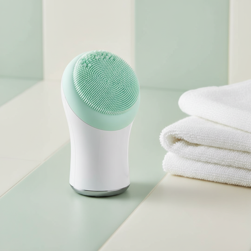 White and soft mint silicone facial cleansing brush on a pale mint and cream bathroom surface