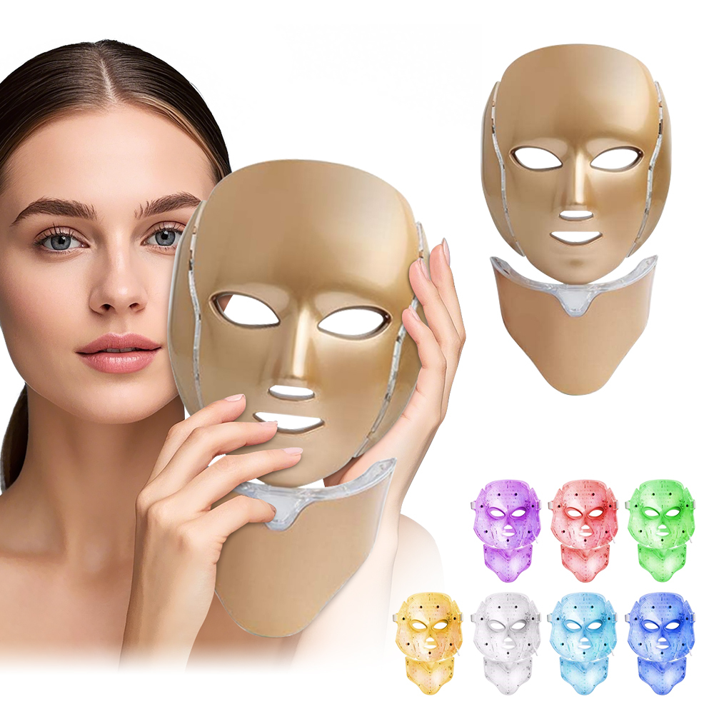 7 color LED face and neck mask shown in gold with 7 color options