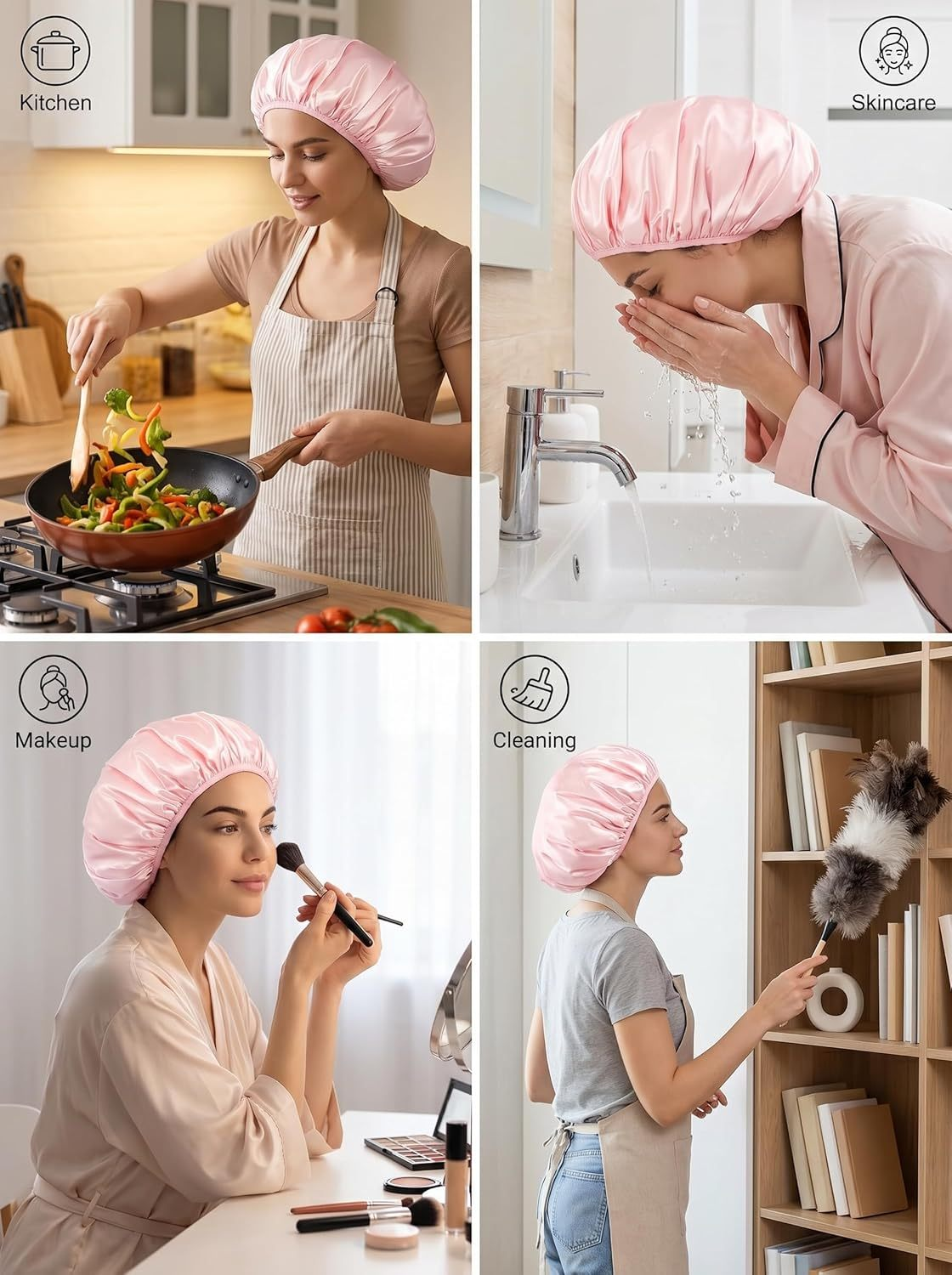 Women wearing a pink reusable shower cap during daily beauty and home routines