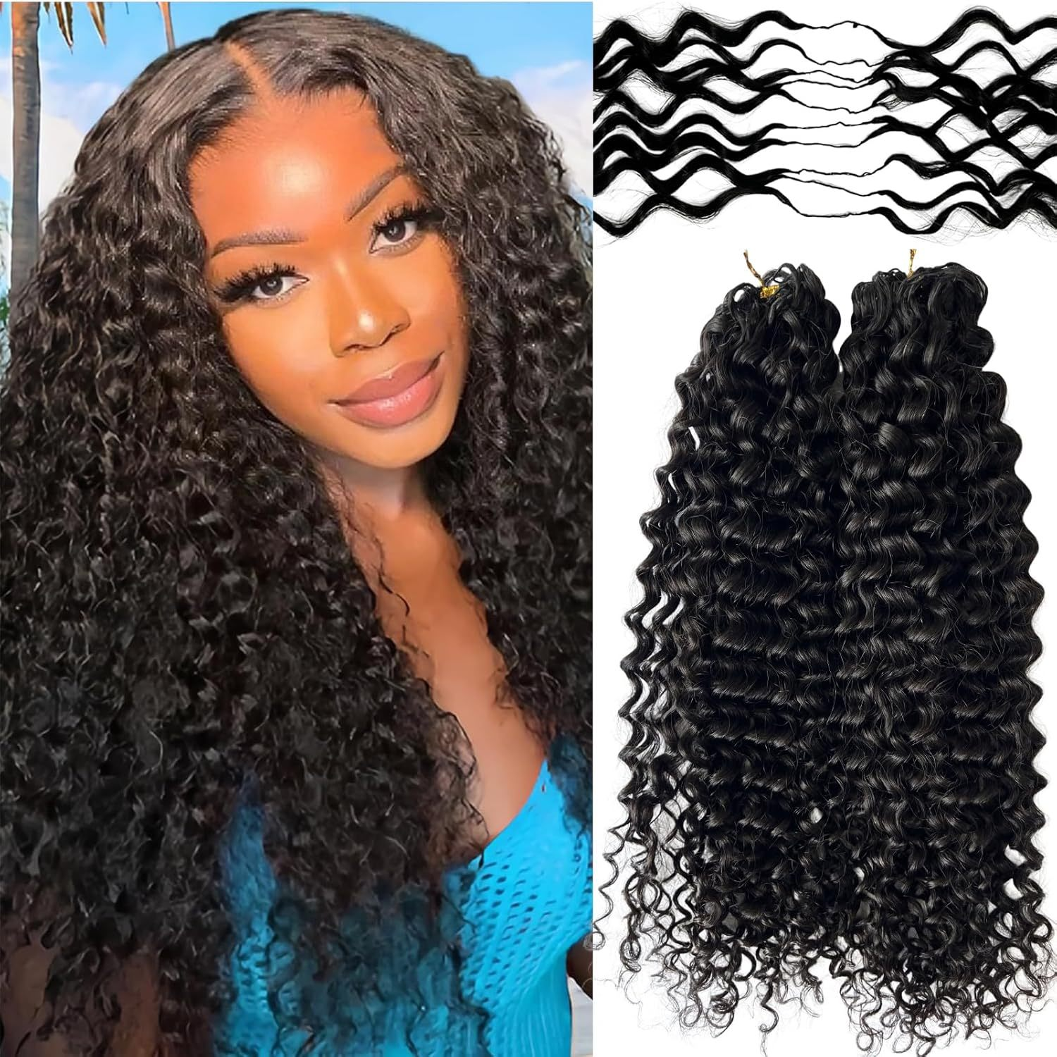 Water Wave Crochet Hair extensions model wearing long bouncy curls with product bundles and pre-looped feathering tips shown