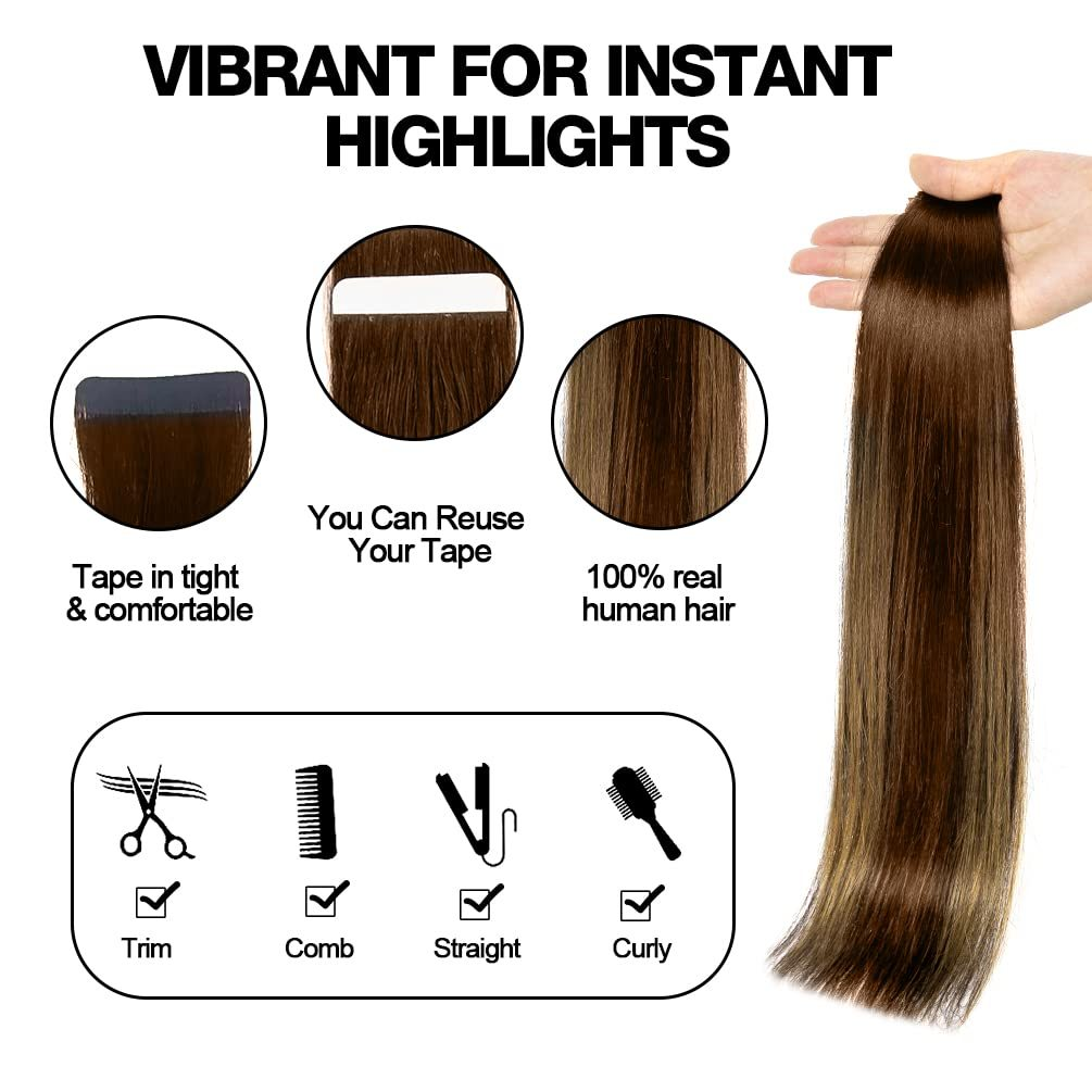 Tape-in hair extension features infographic showing tape tight and comfortable, reusable tape, 100% real human hair, and styling options trim comb straight curly