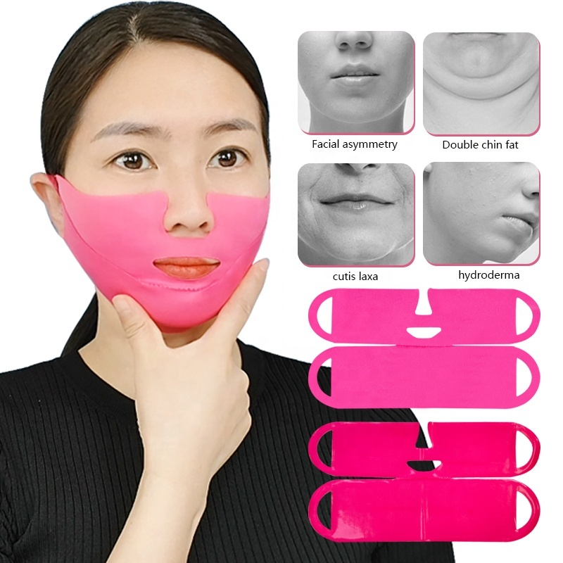 Model wearing pink V-line mask showing facial contouring with target skin concerns: facial asymmetry, double chin, sagging skin and hydroderma