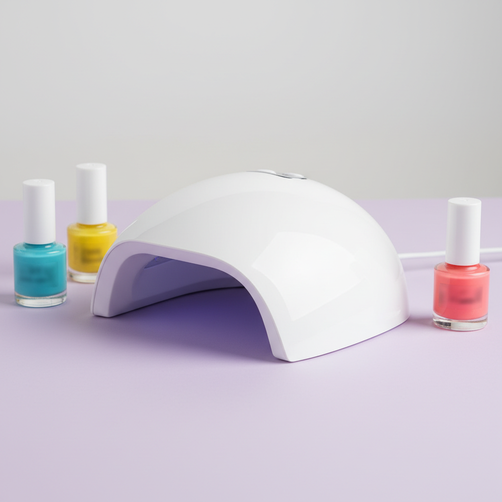 White and lilac UV LED nail lamp on a pale lavender salon surface