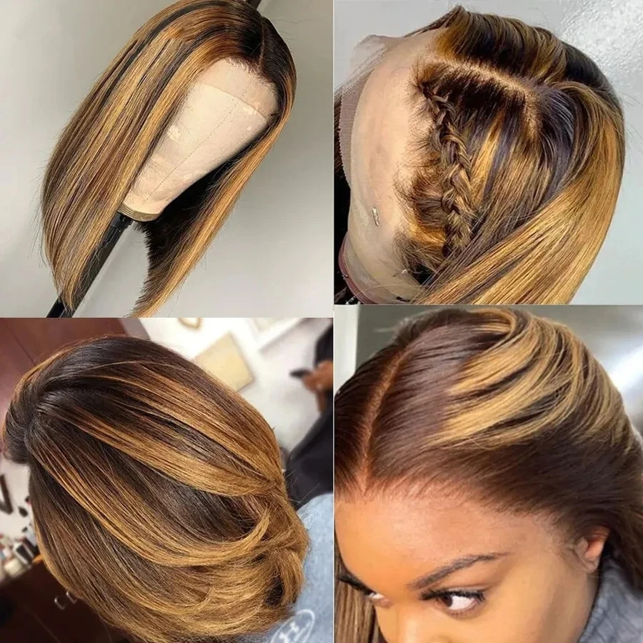 Ombre Highlight Blonde Short Bob Wig – 4x4 lace closure style shots