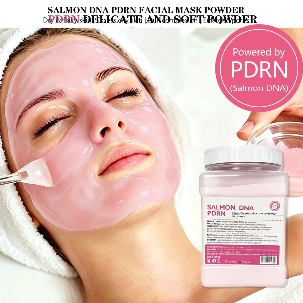 Salmon DNA PDRN Advanced Skin Repair Jelly Mask Powder pink peel-off mask being applied to model's face showing delicate soft powder texture