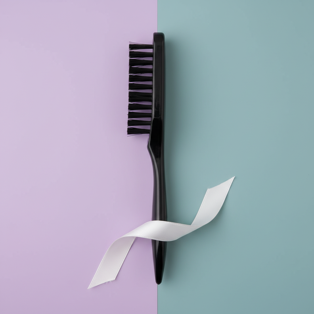 Black edge brush on a lavender and soft teal salon-inspired background