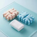 Pastel peach and sky-blue toe separators arranged on a spa-blue surface