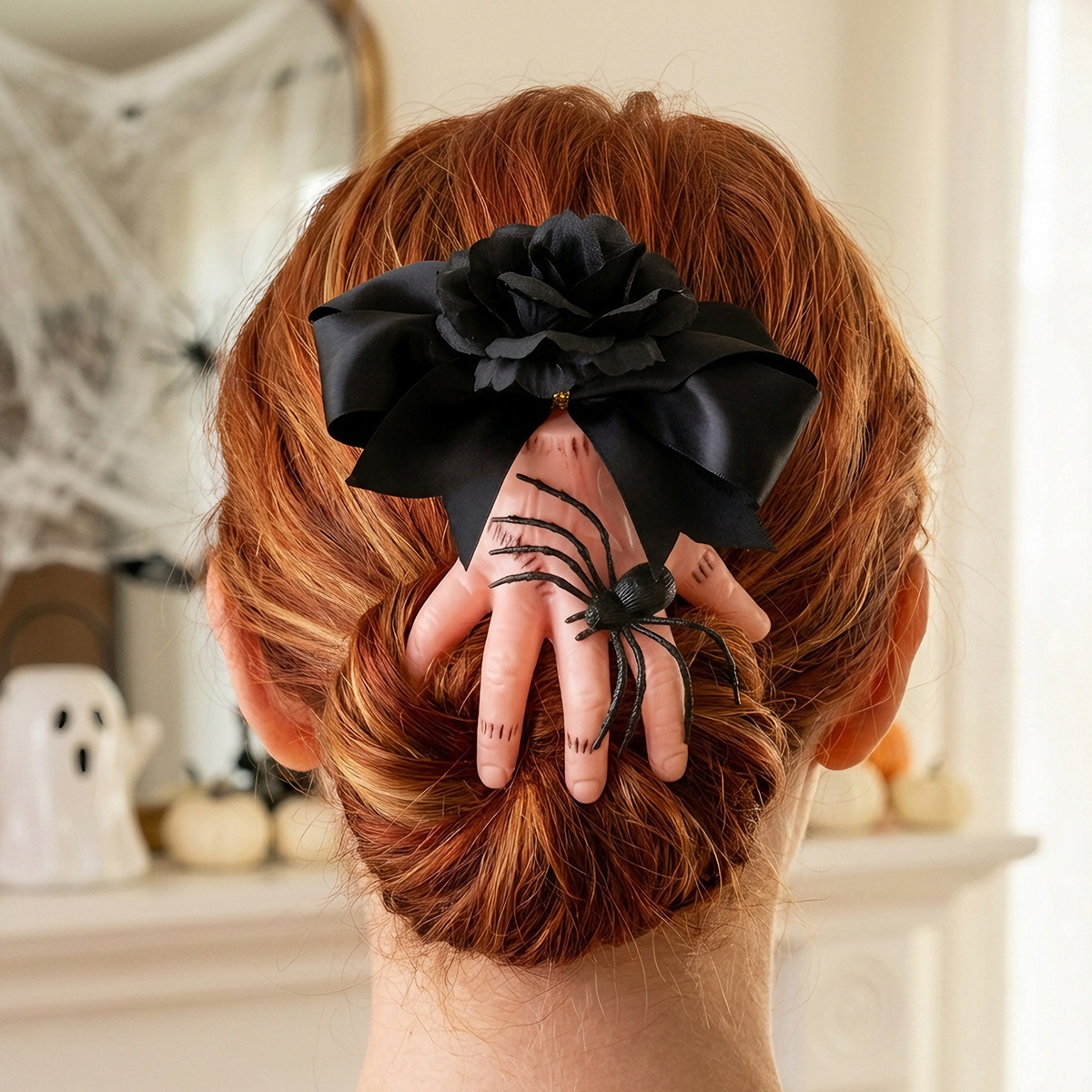 Halloween hair claw clip with black bow and spider - red hair updo