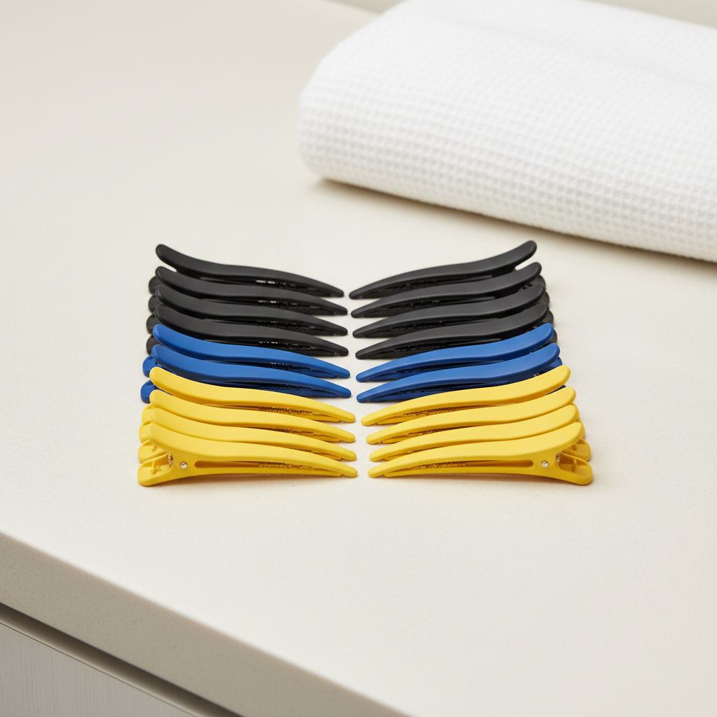 Black, cobalt blue, and sunny yellow sectioning clips arranged on a warm-white salon surface
