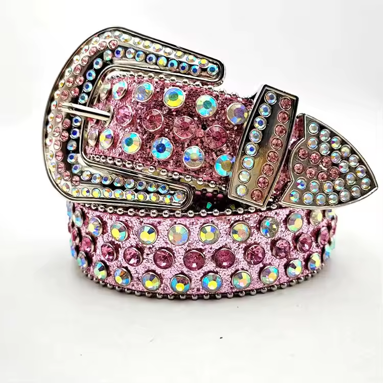 Pink glitter PU western belt with colorful rhinestones and ornate metal buckle