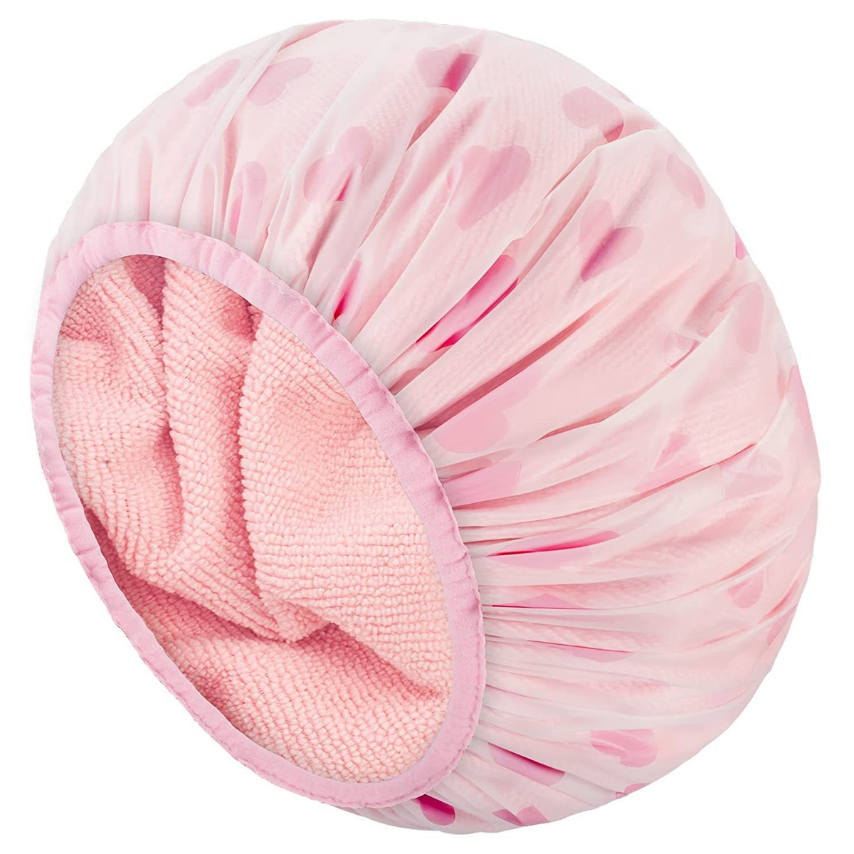 Pink waterproof shower cap with soft terry-cloth lining
