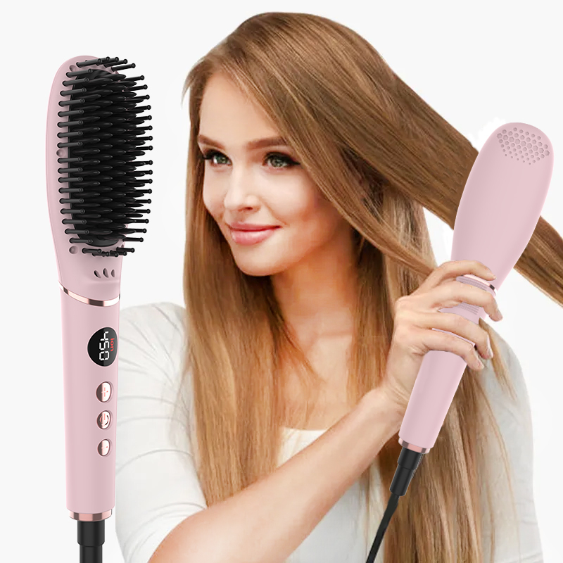 Woman using a pink hair straightening brush on long hair