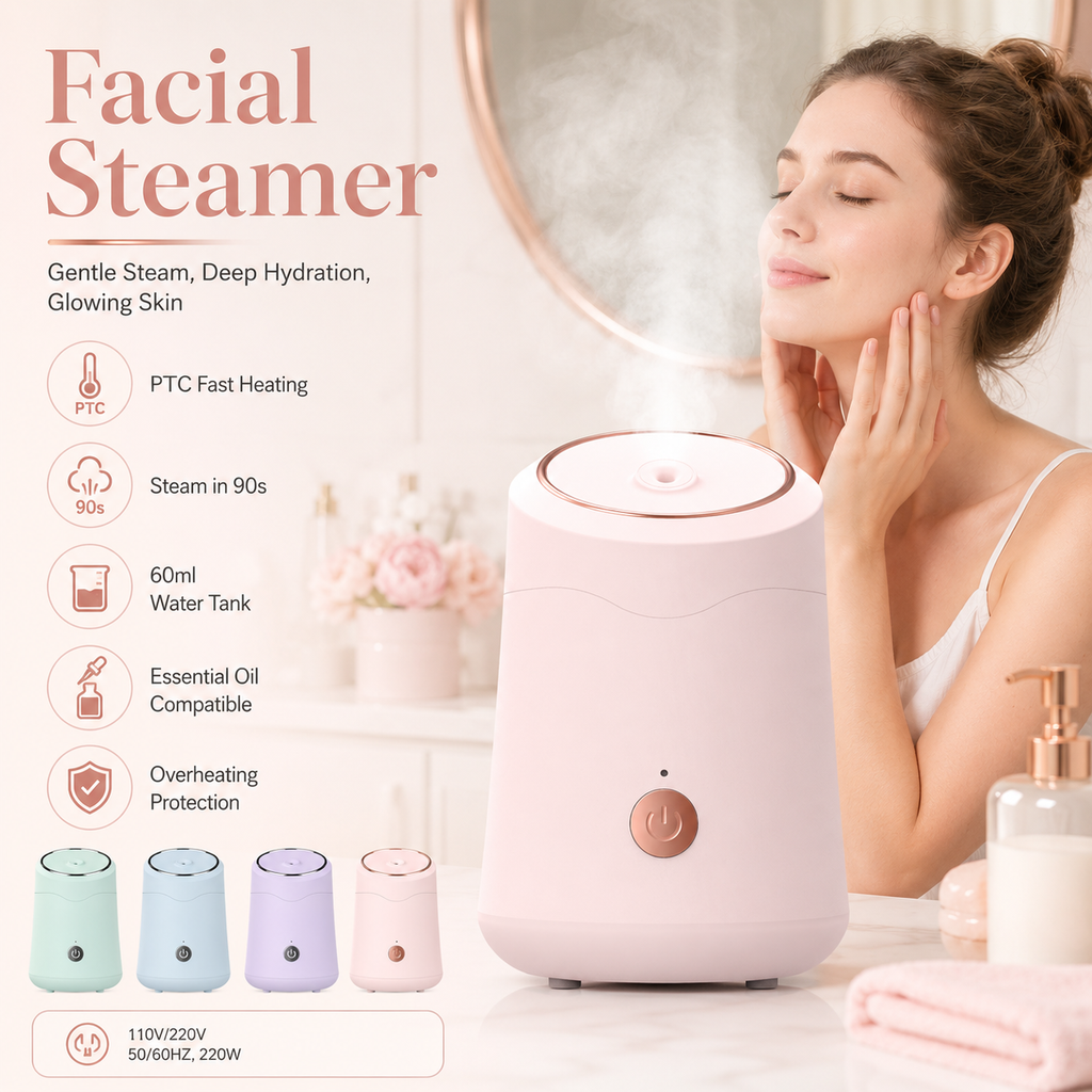 Pink portable facial steamer producing warm mist during a skincare routine