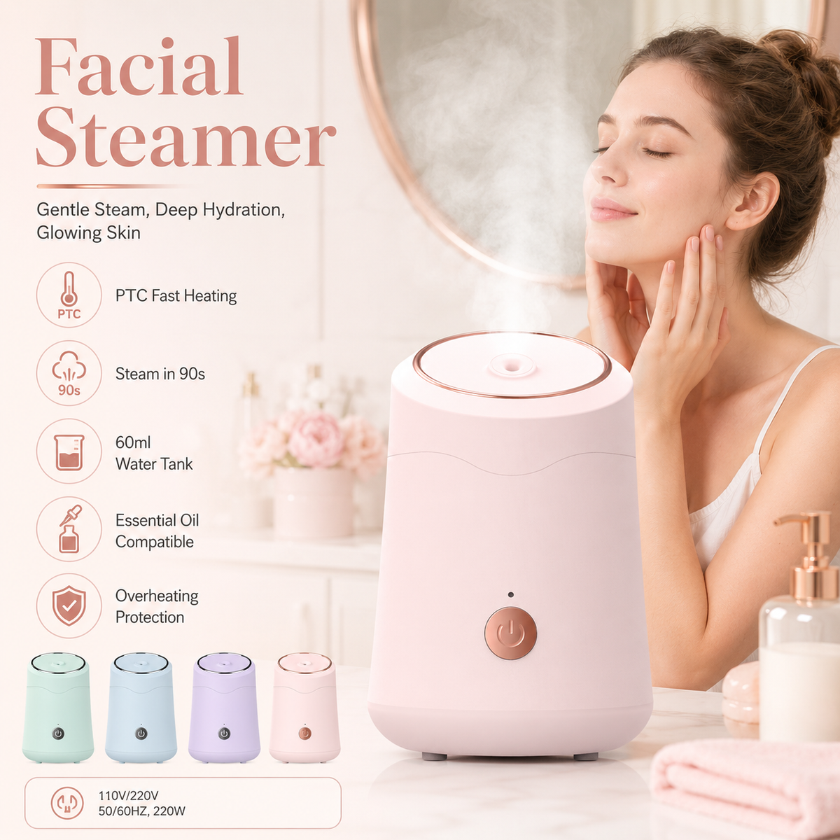 Pink portable facial steamer producing warm mist during a skincare routine