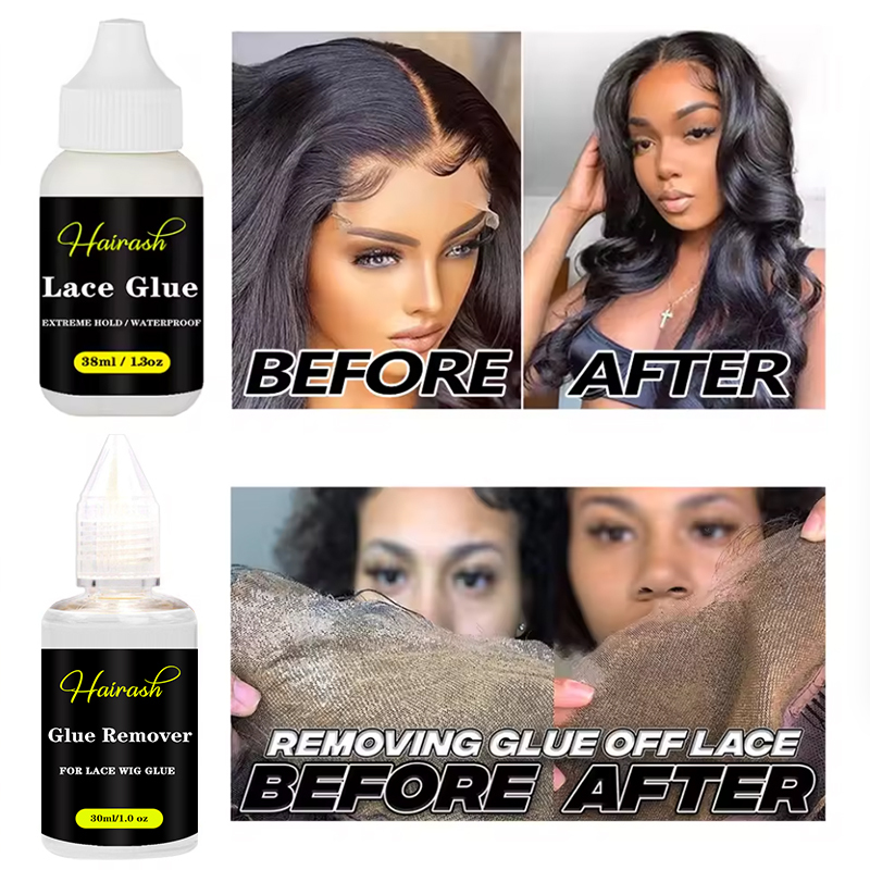 Lace wig glue, glue remover, and before-and-after wig installation results