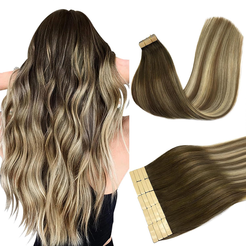 Tape-in hair extensions balayage ombre dark brown to blonde shown on model with long wavy hair and closeup of weft with tape tabs