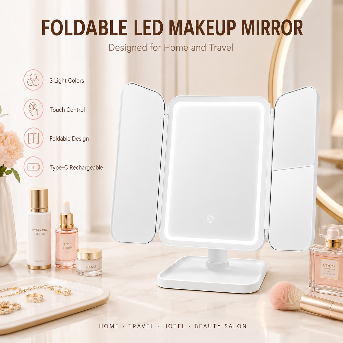 White trifold LED makeup mirror with three light colors and touch control