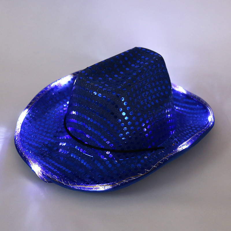 Blue color-changing LED cowboy hat illuminated around the brim