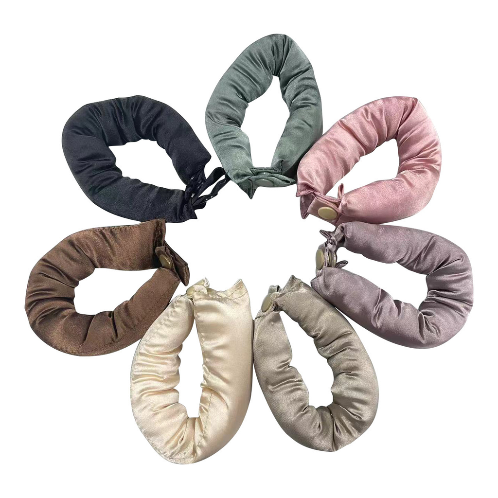 Six padded heatless satin curlers in black, green, pink, brown, cream, and gray