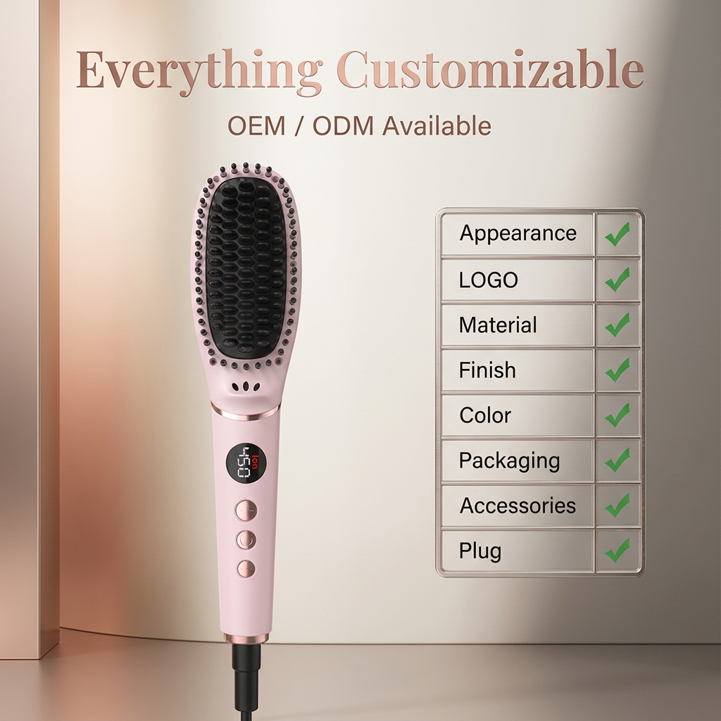 Pink ceramic heated hair straightening brush with digital temperature display