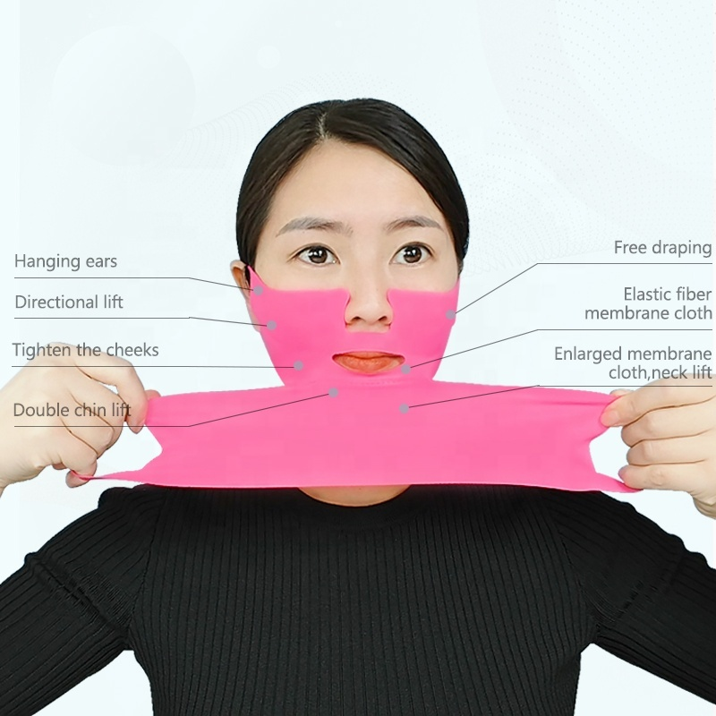 Model wearing pink V-line lifting hydrogel face mask showing directional lift zones including cheeks, chin and neck
