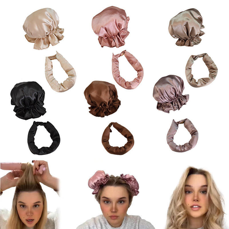Heatless satin curler sets in neutral colors with overnight curl results