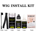 Wig installation kit with hair brush, wax stick, lace glue, glue remover, wig caps, and band