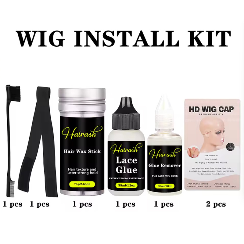 Wig installation kit with hair brush, wax stick, lace glue, glue remover, wig caps, and band