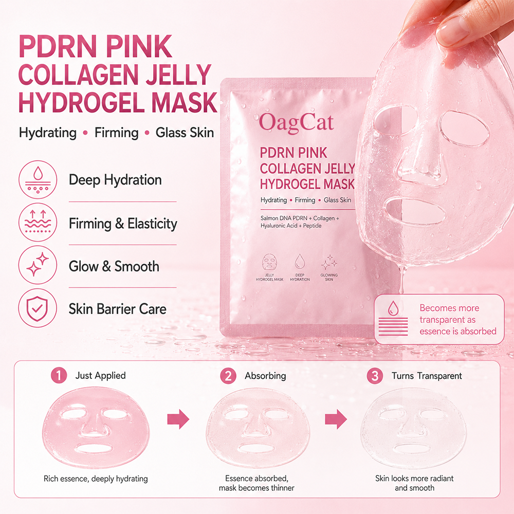 PDRN Pink Collagen Jelly Hydrogel Mask product features: deep hydration, firming, glow and skin barrier care