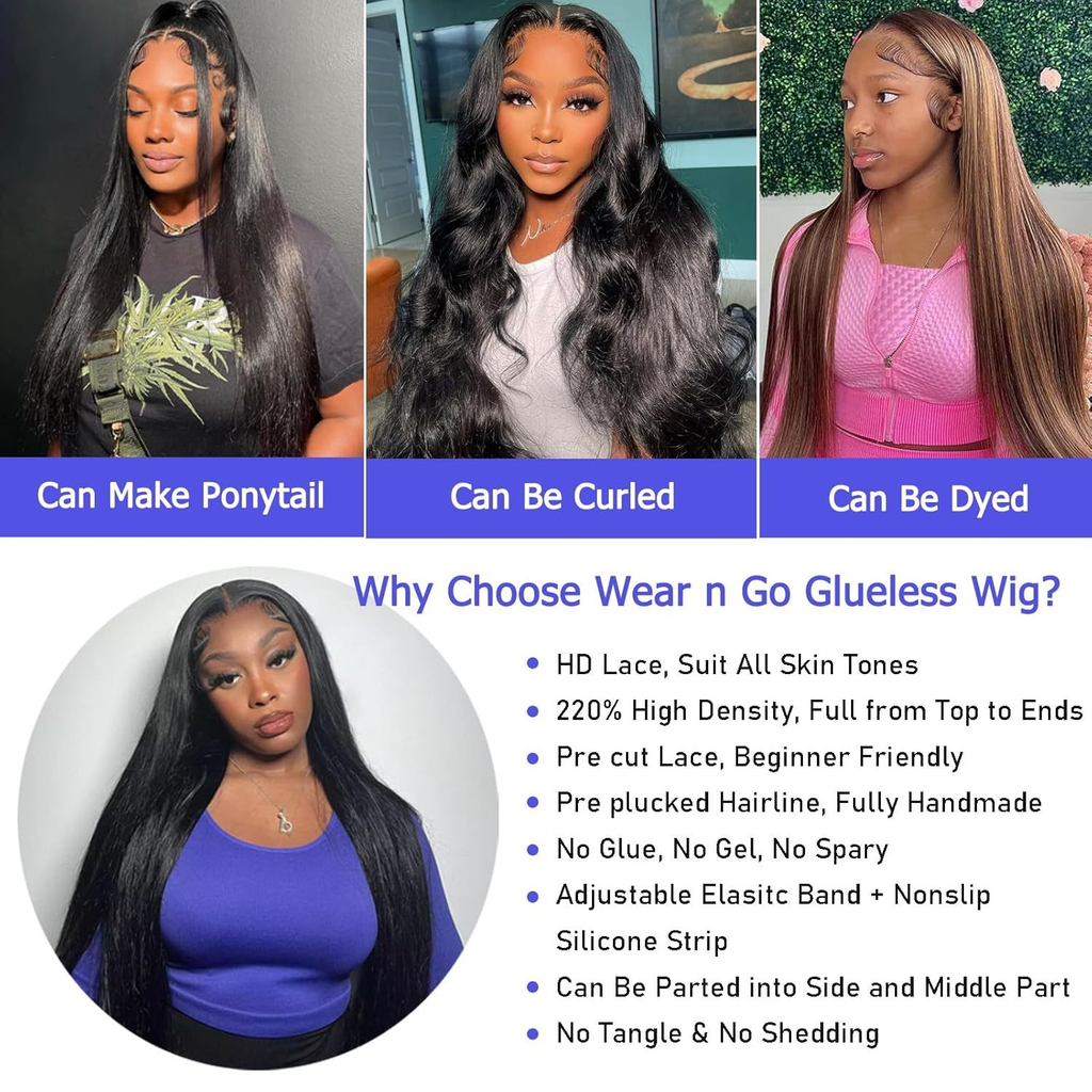 Wear n Go Glueless Body Wave Wig – styling versatility infographic