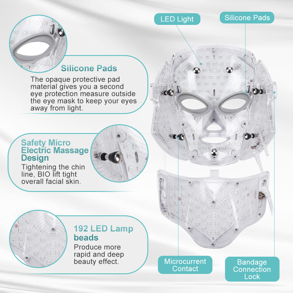 LED face mask features showing silicone pads, 192 LED beads and microcurrent design