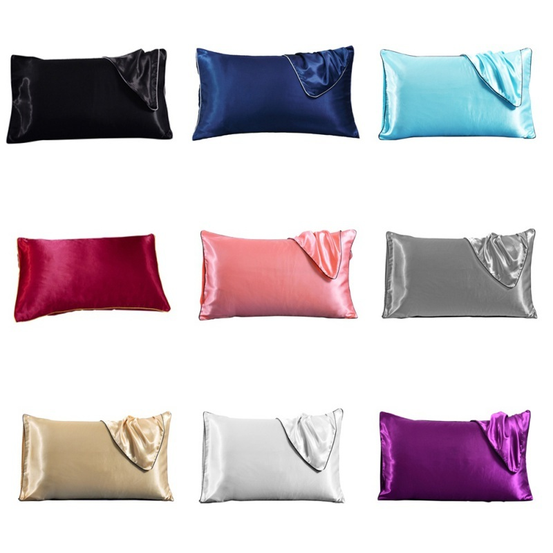 Nine satin pillowcases displayed in different colors